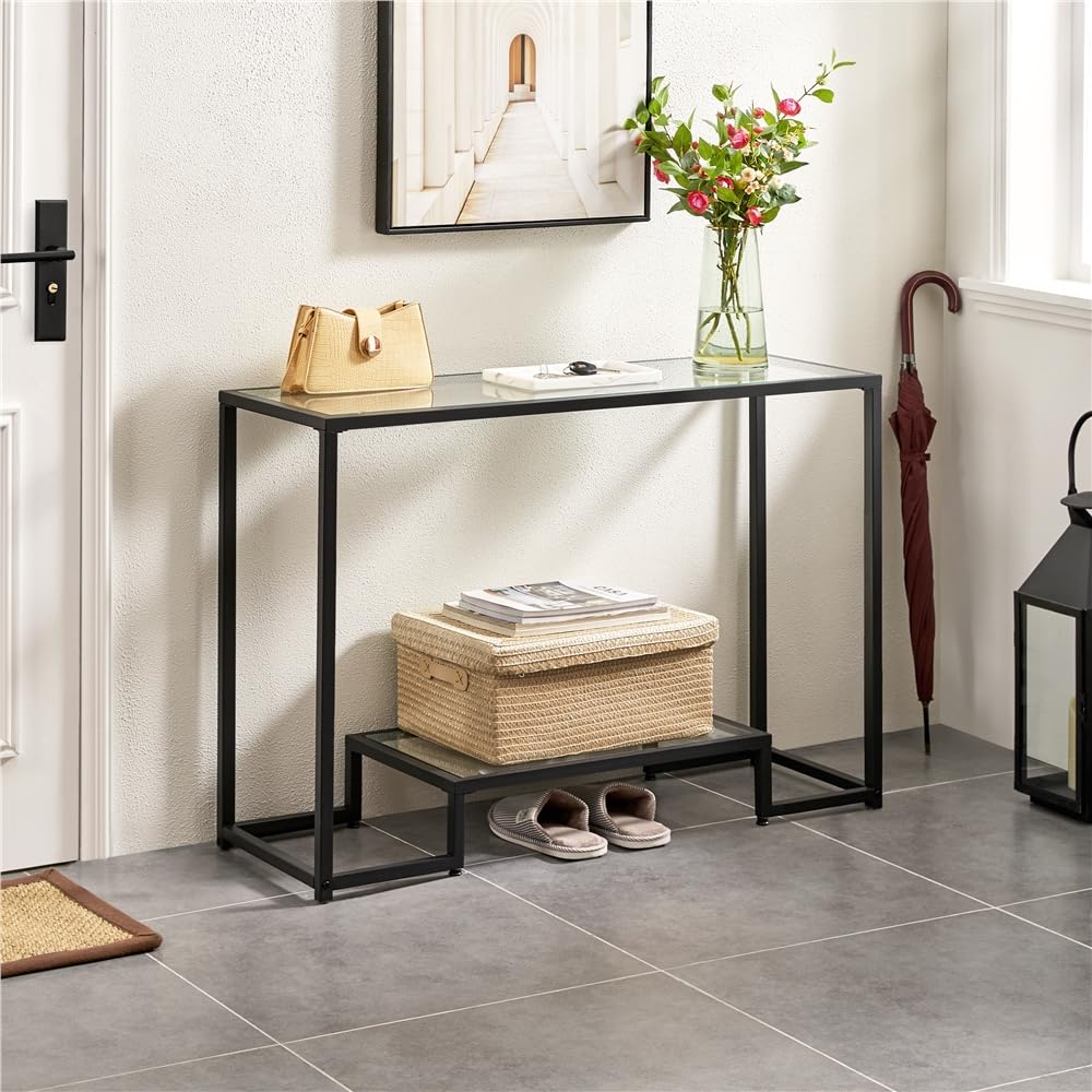 Yaheetech 42 Inch Console Table, Tempered Glass Entryway Table, 2-Tier Sofa Tables with Storage Shelves, Entrance Tables for Hallway Living Room, Black