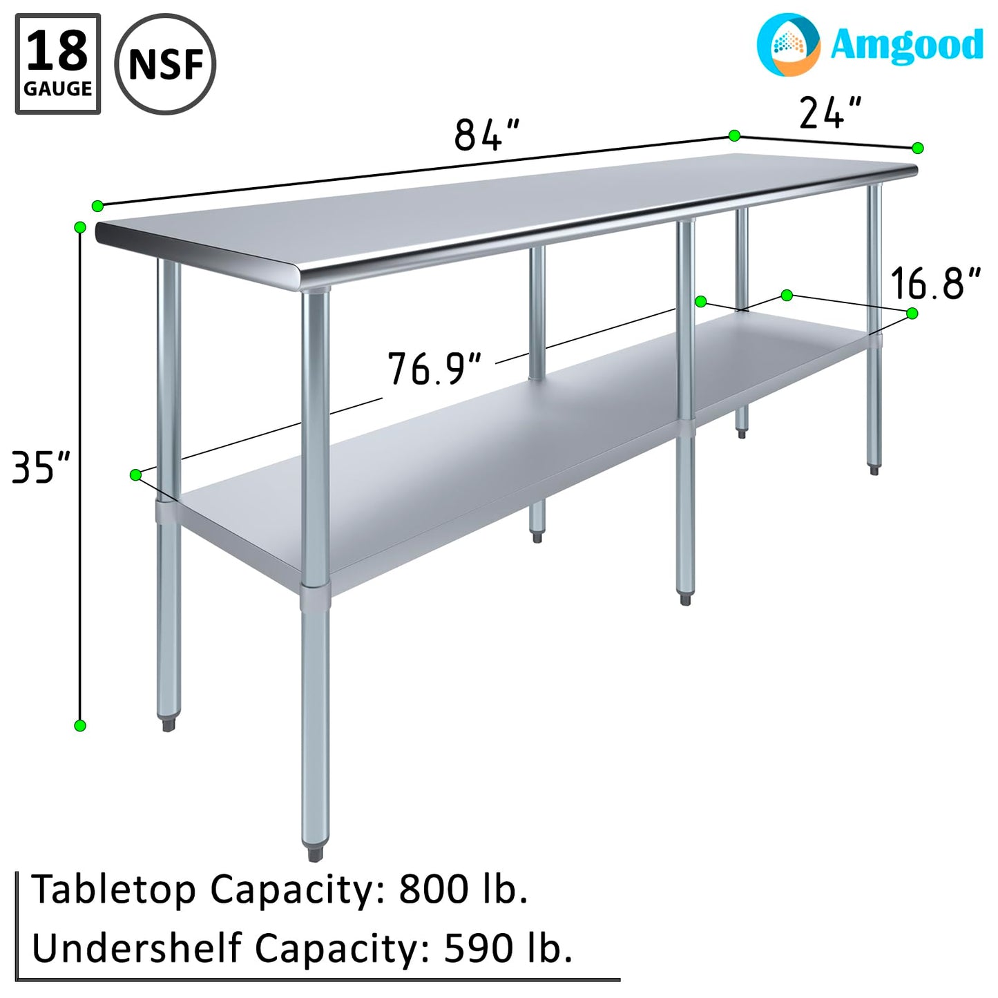 AmGood 24 in. x 84 in. Stainless Steel Work Table | Metal Kitchen Food Prep Table | NSF