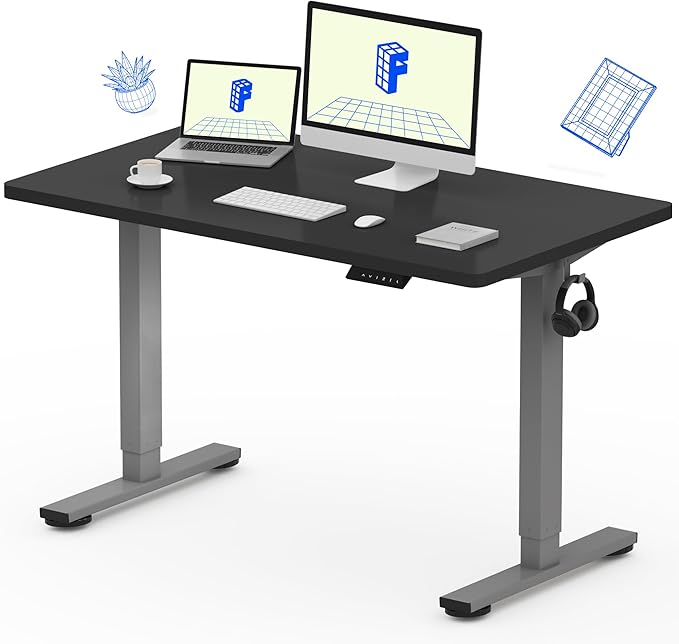 FLEXISPOT EN1 One-Piece Electric Standing Desk 48 x 24 Inches Seamless Seamless Desktop Height Adjustable Desk Stand Up Desks for Home Office (Silver Frame + Black Top, 2 Packages)