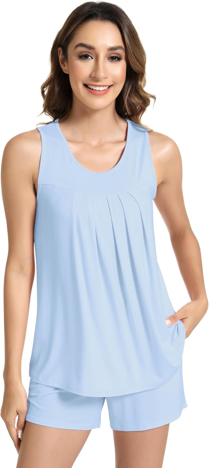 NACHILA Pajamas for Women-Viscose from Bamboo, Ribbed Racerback Tank Top Sexy Split Shorts Pajama Sets Cooling Sleep Cami Pjs