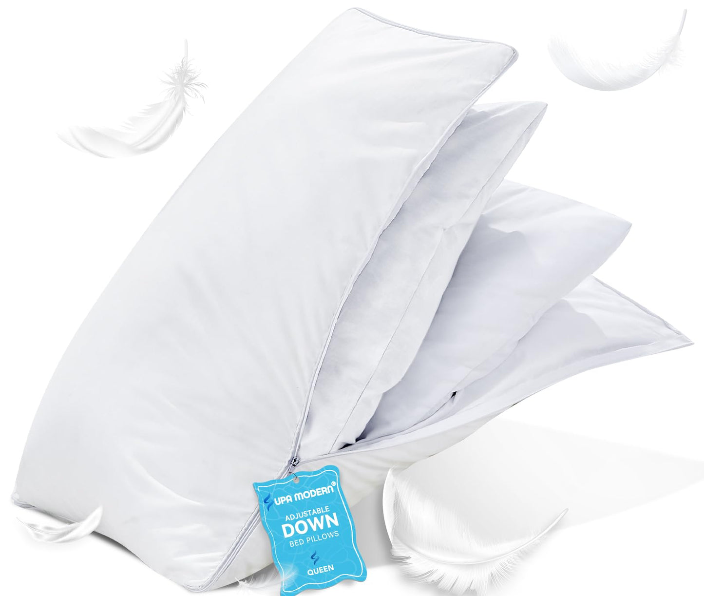 Down Feather Pillows with Adjustable Loft, Adjustable Firmness Bed Pillows Queen Size, Soft and Supportive Hotel Collection Pillow for Back Stomach Side Sleepers, Oeko-TEX Certified (20" x 30")