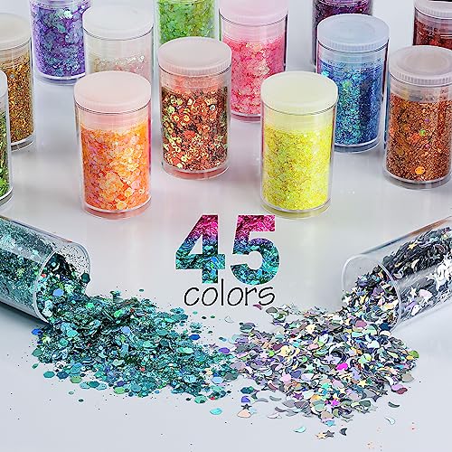 Holographic Chunky and Fine Glitter Mix, 45 Colors Craft Glitter for Epoxy Resin Arts, Iridescent Nail Glitter, Cosmetic E...