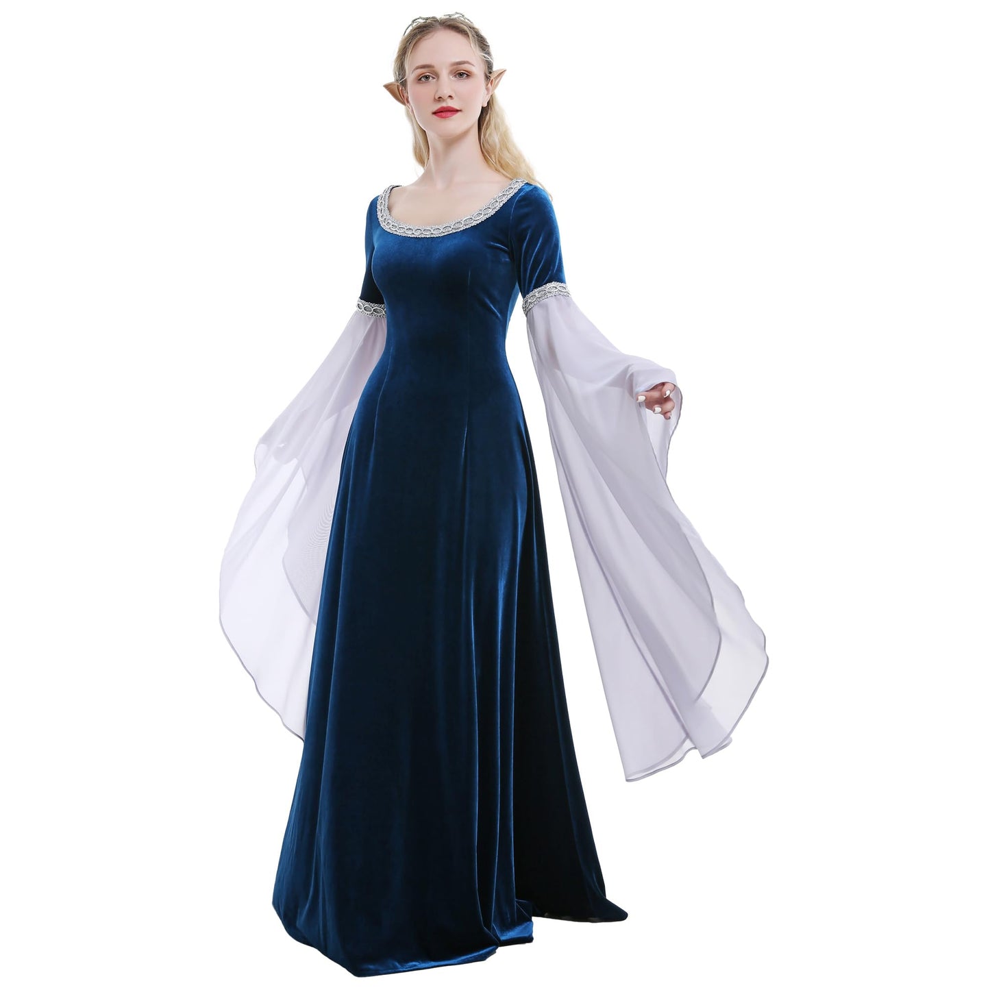 daizbella Medieval Renaissance Costume Dress Handmade Historical Rretro Dress Velvet Gown with Chiffon Sleeves Blue