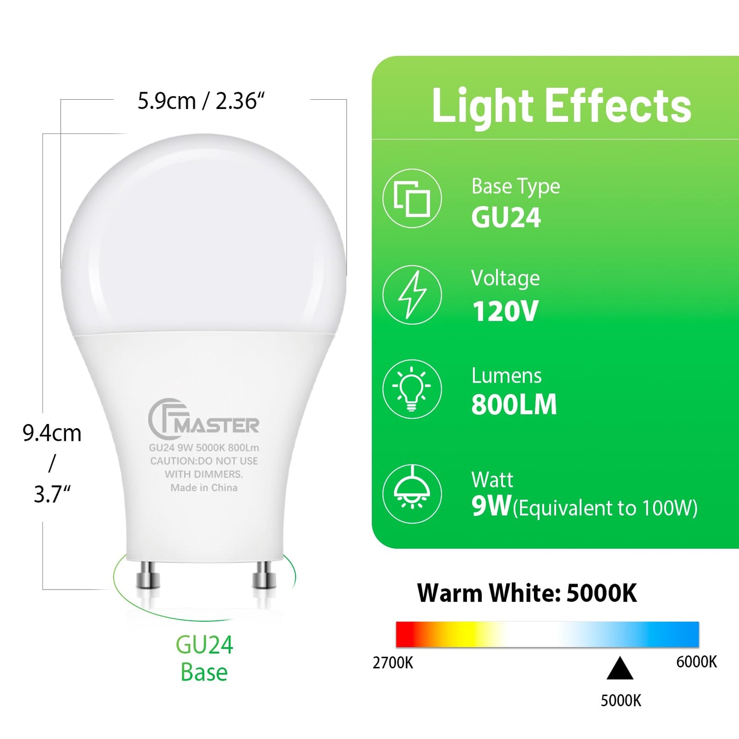 CFMASTER GU24 LED Light Bulb, 5000K Daylight, 9W(100W Equivalent), 800 Lumens, A19 Shape GU 24 LED Bulbs, Twist and Lock GU24 Pin Base with Two Prongs, Non-Dimmable, UL ETL Certificated(12-Pack)