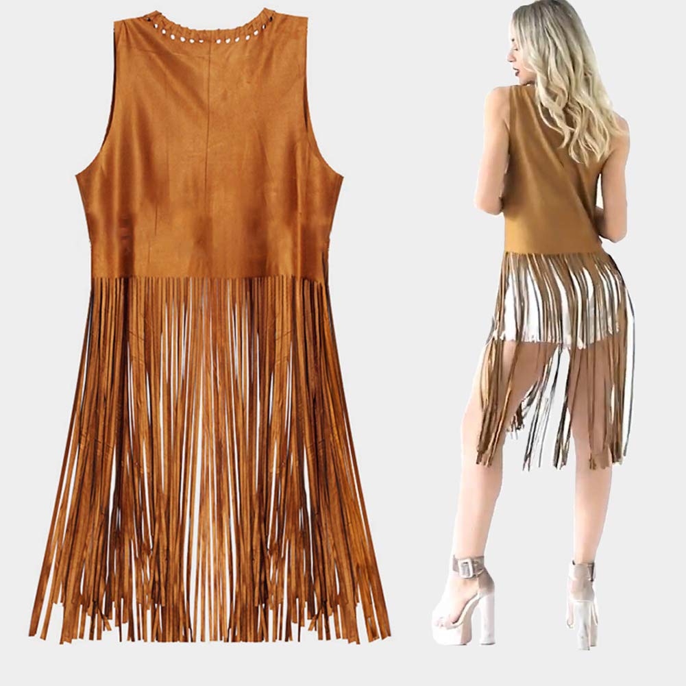 EVISWIY Hippie Costumes Clothes for Women 60s 70s Outfits Women Hippie Vest with Fringe Sleeveless Cardigan Faux Seude Tassels Vest Set (X-Large) Beige