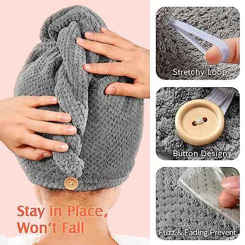 YFONG 2 Pack Microfiber Hair Towel Wrap for Women, Super Absorbent Quick Dry Hair Turban for All Hair Style Anti Frizz, Large Hair Drying Towel with Button