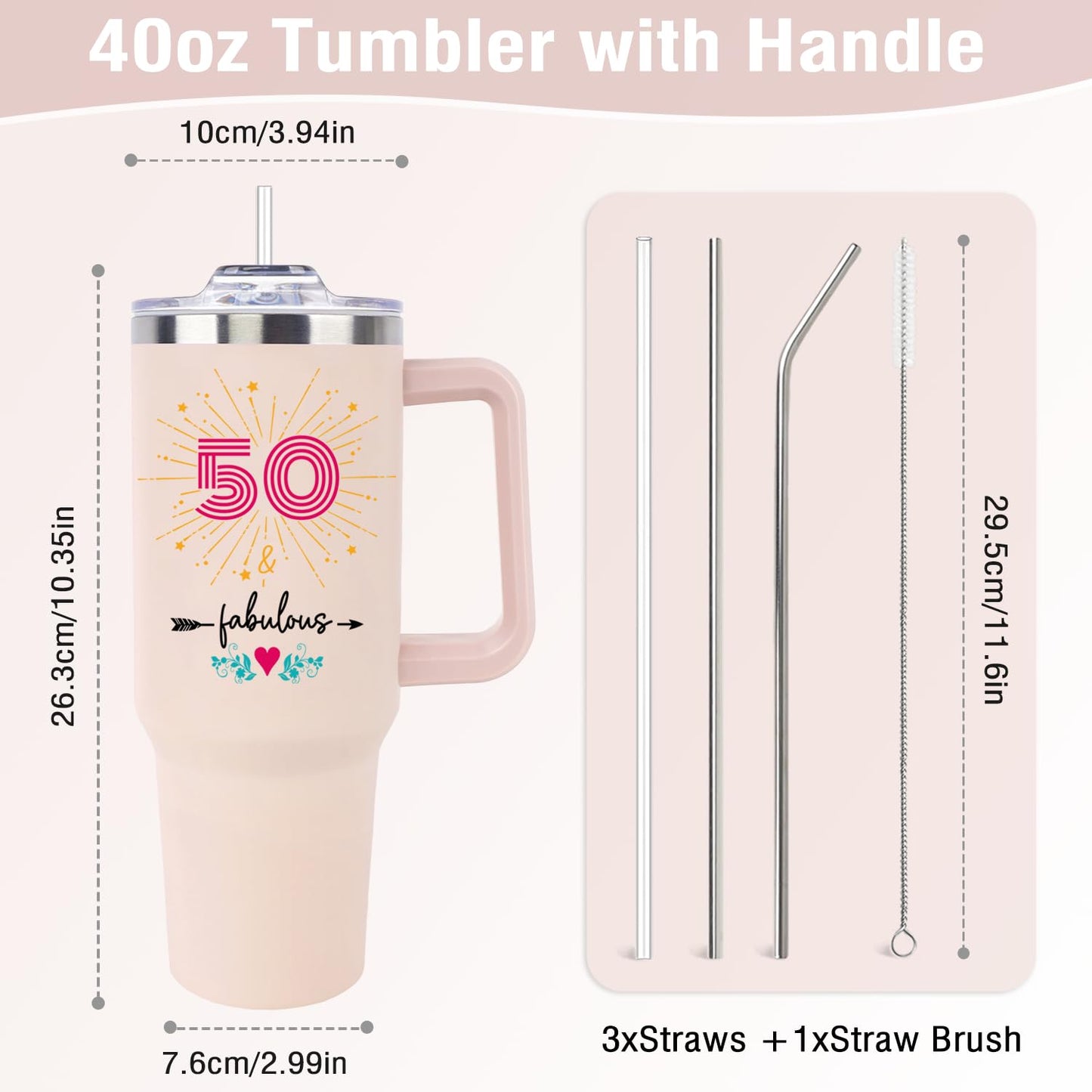 50th Birthday Gifts for Her Women, Cool Cute 1975 50th Birthday Gift for Turning 50 Year Old Woman, 50 and Fabulous Gifts for Women, 50th Birthday Decorations for Her, 40oz Tumbler Coffee Mug