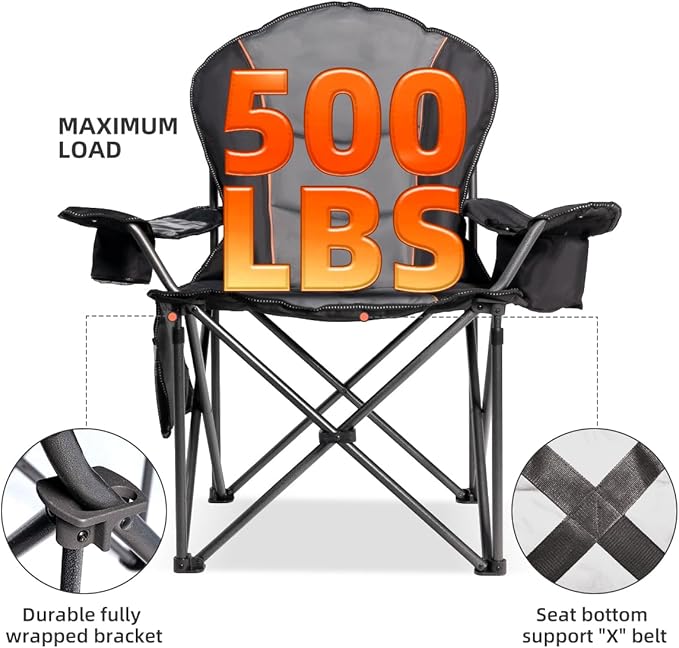 Foristrail Large Camping Chair with Side Table Heavy Duty 500LBS - Folding Outdoor Chair with Cooler Bag (Black & Gray, 2 PCS)