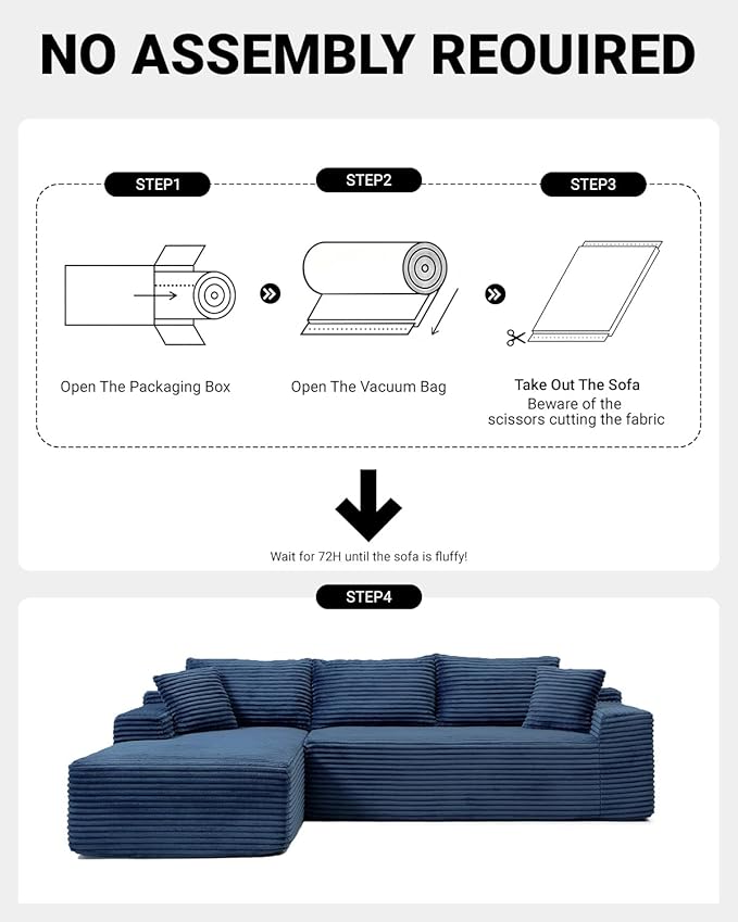 108" Cloud Sectional Couch,Modern Modular Sectional Sofa with Deep Seat,Corduroy Boneless Couches with L-Shape Chaise for Living Room,No Assembly Required (Blue, Left Facing Chaise)