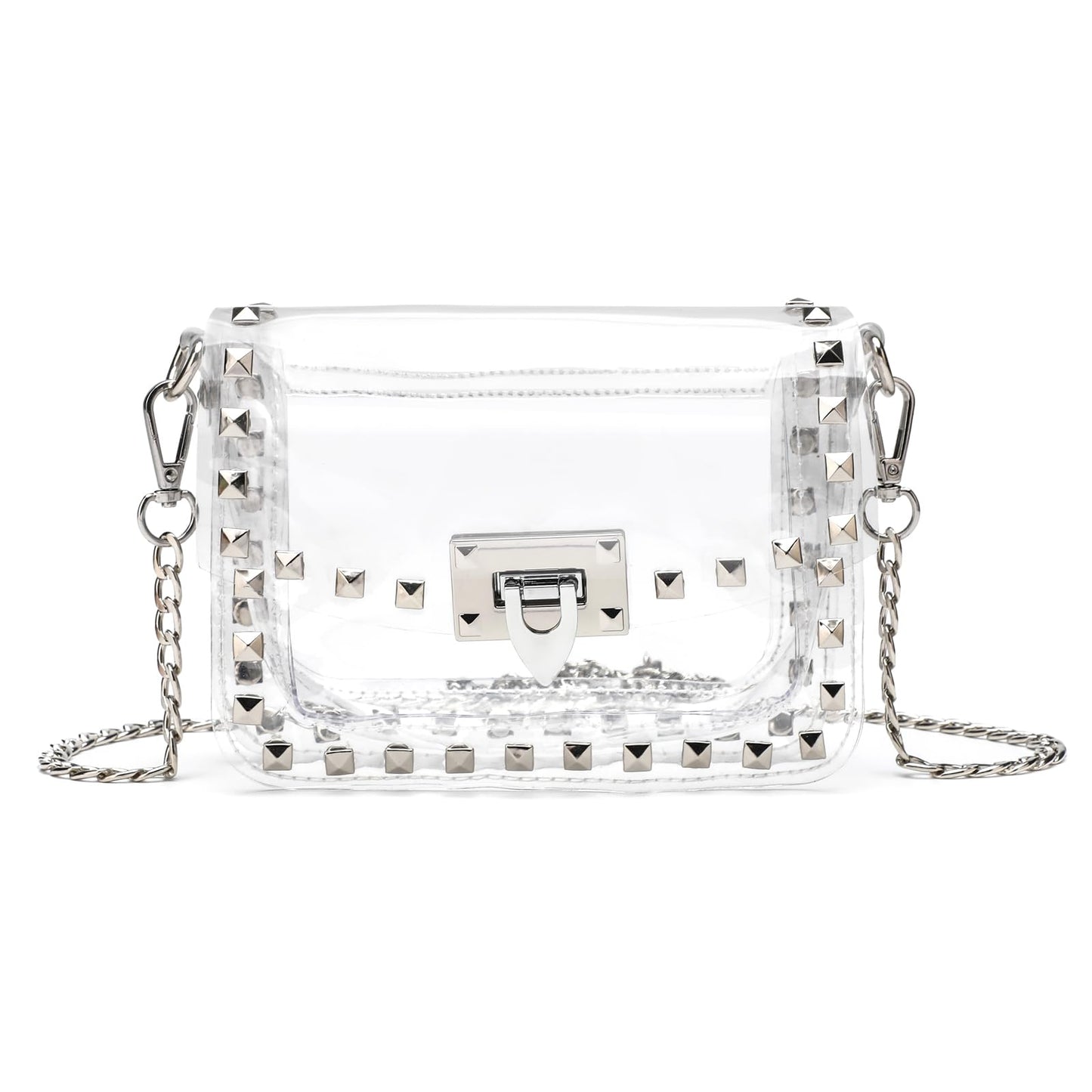 SharPlus Clear Crossbody Purse Bag for Women Stadium Approved with Silver Studded Rivet, Clear PVC Clutch Handbag for Concert & Game Day