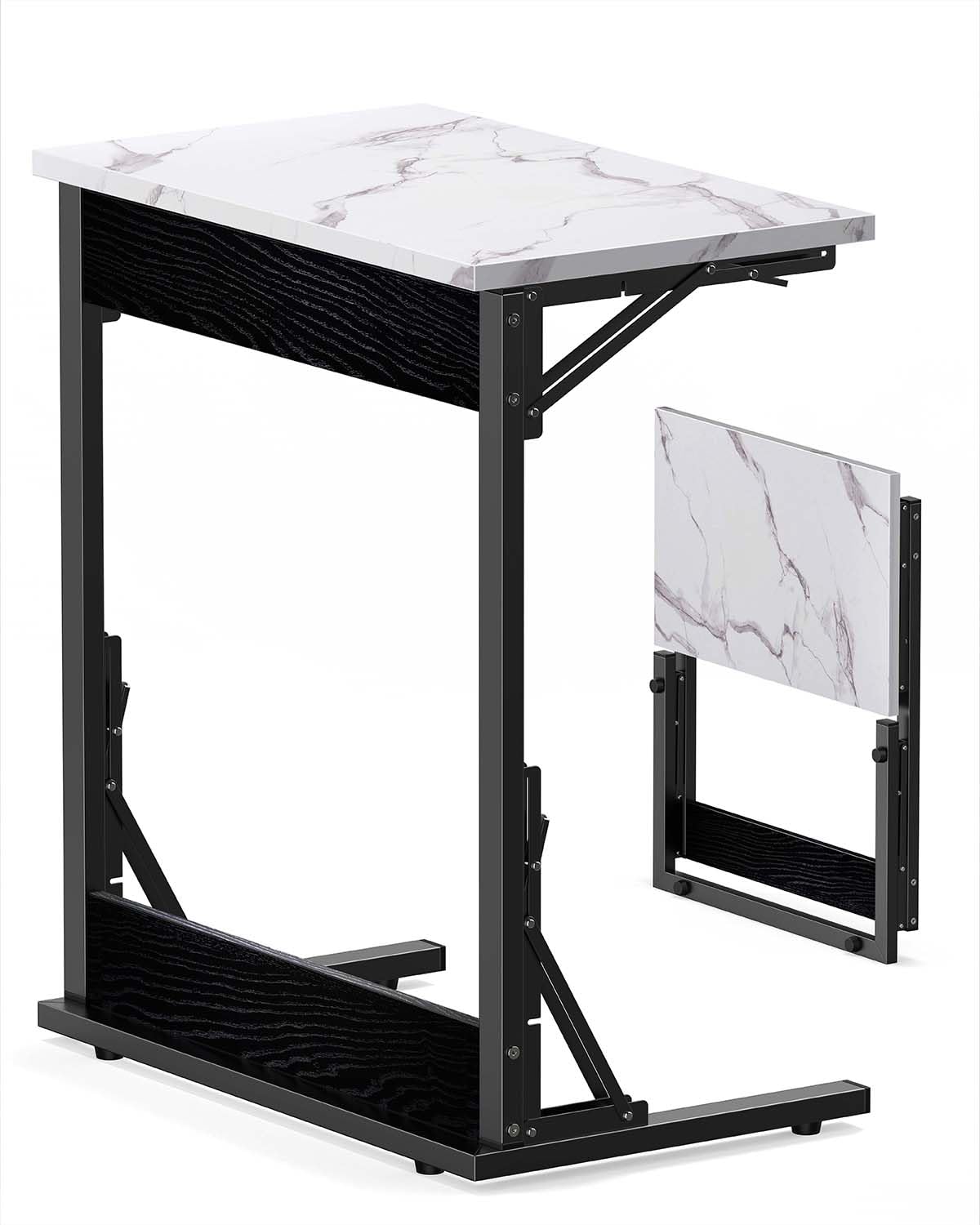 Tatub 24" Folding TV Tray Table, Marble C Shaped End Table for Couch, Small Sofa-Side Laptop Desk with Black Metal Frame for Living Room, Bedroom, Bedside