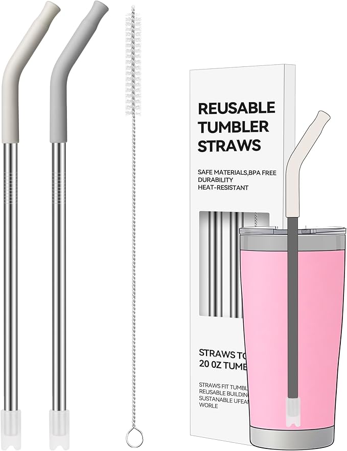 Reusable Metal Straws, 2 PACK Stainless Steel Straws with Silicone Tip for 20 oz Tumbler, Long Drinking Replacement Straw for YETI, STANLEY, US Acrylio, BJPKPK, Simple Modern and so on