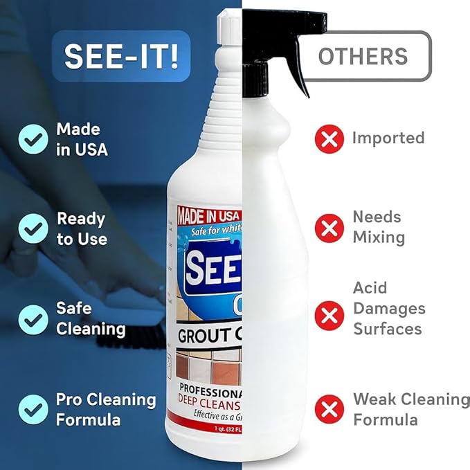 Grout & Tile Deep Cleaner Brightener & Heavy-Duty Stain Remover Acid-Free Safe for Ceramic, Porcelain, Marble, Stone - 32 fl. oz. with Hand Cleaning Brush