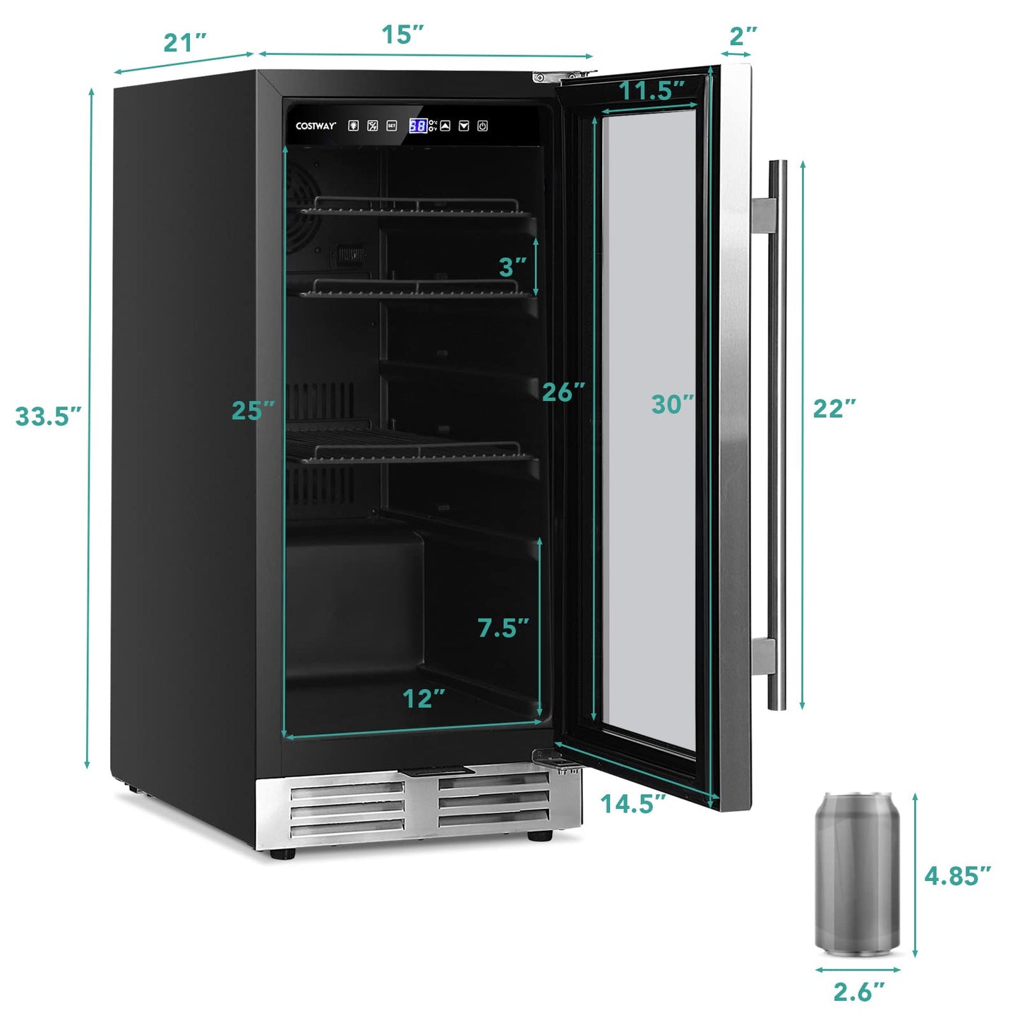COSTWAY 15 Inch Beverage Cooler Refrigerator - 3.5 Cu.ft Mini Fridge with Glass Door, Lock and Removable Shelves for Soda Beer Wine, Freestanding Small Drink Refrigerator for Home Office Bar
