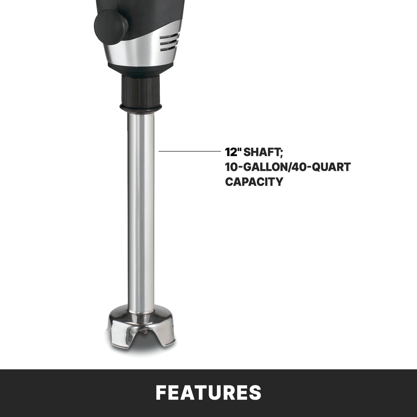 Waring Commerical WSB50 Big Stix Heavy Duty Immersion Blender, 12" Removable Shaft, 1 HP/700 Watt Variable Speed Motor, 120V, 5-15 Phase Plug,Black/Silver