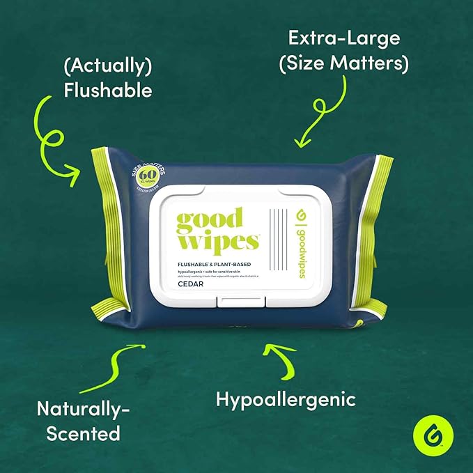goodwipes Flushable Butt Wipes Made with Vitamin E & Aloe - Soft & Gentle Wet Wipe Dispenser for Home Use, Septic & Sewer Safe - Largest Adult Toilet Towelettes - Cedar, 360 Count (6 Packs)