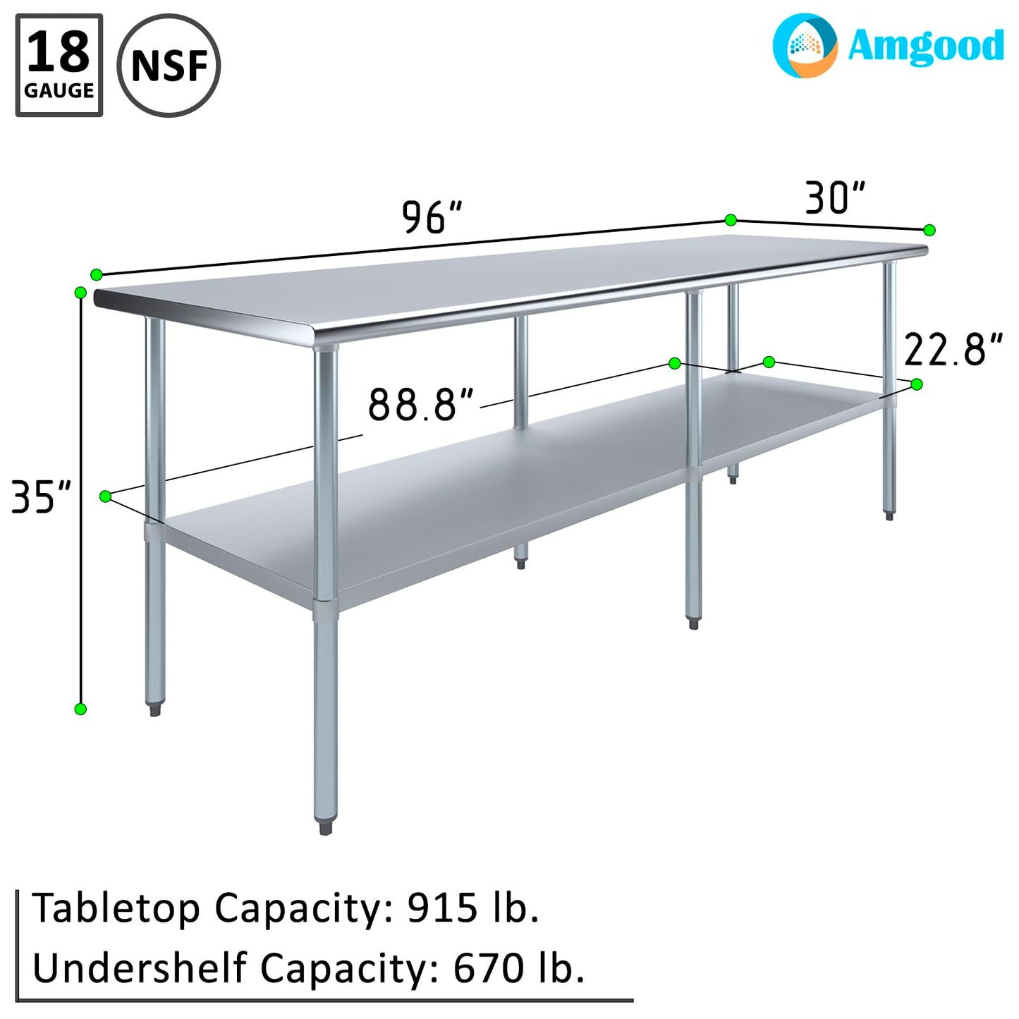 AmGood 30 in. x 96 in. Stainless Steel Work Table | Metal Kitchen Food Prep Table | NSF