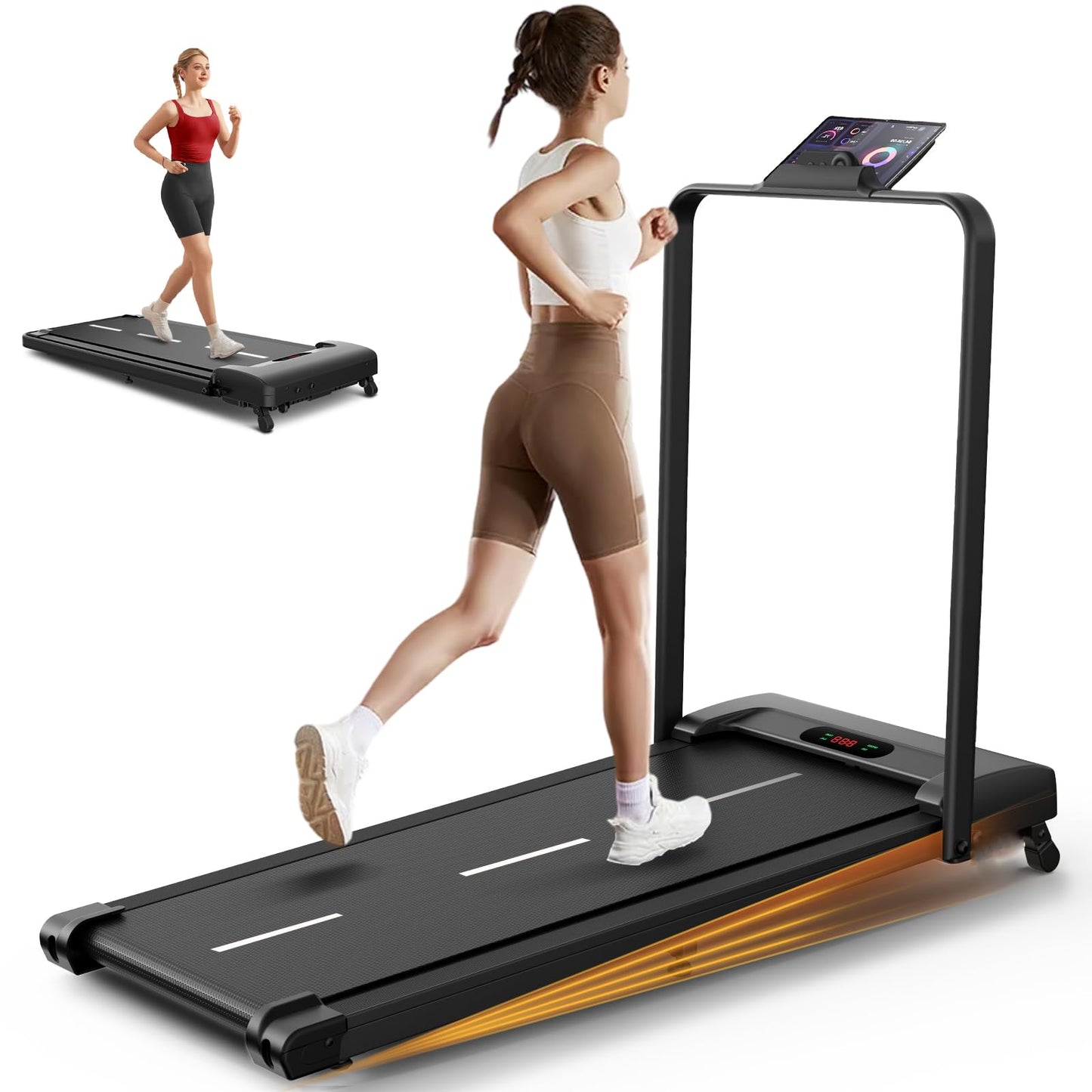 Under Desk Treadmill with Incline, 300lbs Walking Pad with Handle Bar& Remote Control, 2.5HP Folding Treadmill for Home/Office, Installation-Free Jogging Running, Black White