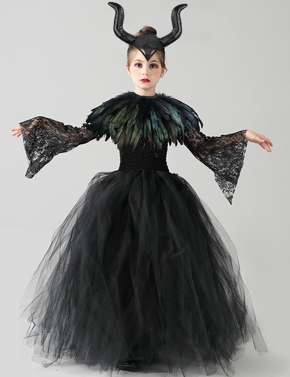 L'VOW Flower Girls Dress Princess Lace Tutu Tulle Dresses for Halloween with Demon Horns Feather Cape Costume Set-100