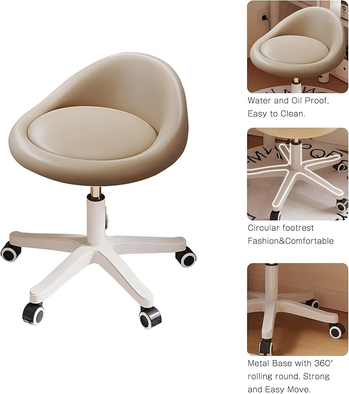 Walktory Round Rolling Stool with PU Leather Low Backrest, Hydraulic Height-Adjustable Swivel Chair for Spa, Salon, Tattoo, Massage, or Medical Office