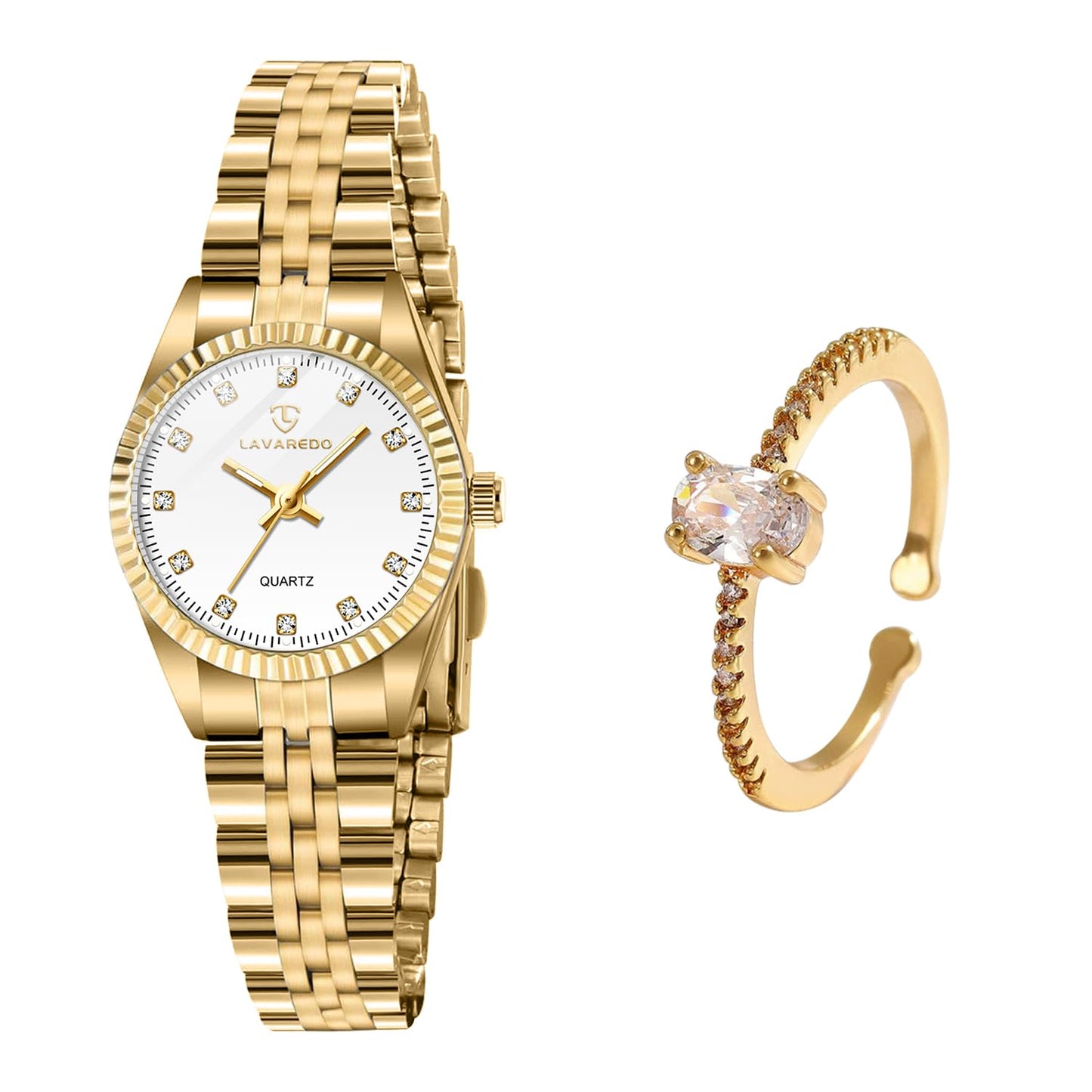 Timever Gold Womens Watch Set, 18K Gold Plated Bangle Bracelets Ring for Women, Dainty Ladies Wrist Waterproof Analog Watch with Luminous, Valentine Anniversary Birthday Gifts for Women