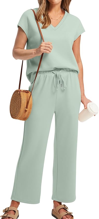 Saloogoe Two Piece Sets for Women Summer Outfits Lounge Sets V Neck Tops Wide Leg Pants Woman Vacation Travel Outfits
