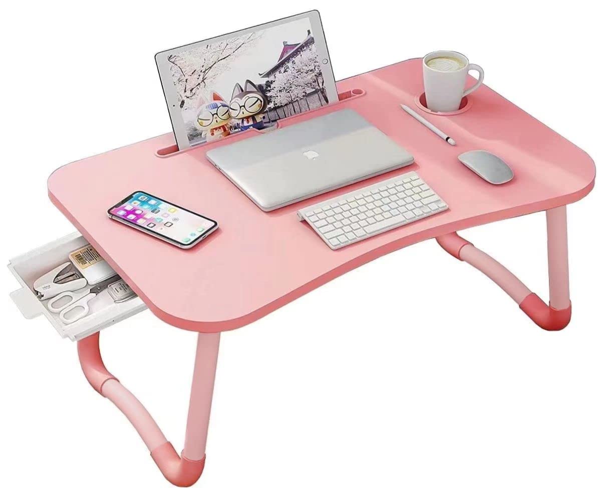 Laptop Desk Foldable Bed Table, Portable Lap Desk Laptop Bed Tray Table with Storage Drawer and Cup Holder, Lap TraysTables Notebook Stand Reading Desks Breakfast Tray for Beds Couch Sofa Floor – Pink