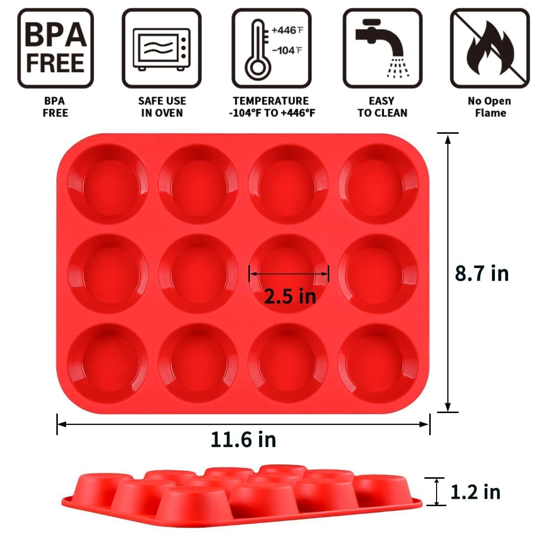 CAKETIME Silicone Muffin Pan, 12-Cup Cupcake Pan for Baking 3 Pack Nonstick Food Grade Silicone Muffin Tray