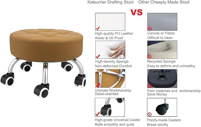 Kaleurrier Low Height Rolling Stool - Heavy Duty Short Stool Chair with Wheels Low to Ground - Small Roller Seat Stools for Home Office Kitchen Repair Shop Mechanic Pedicure Garage Library Camel