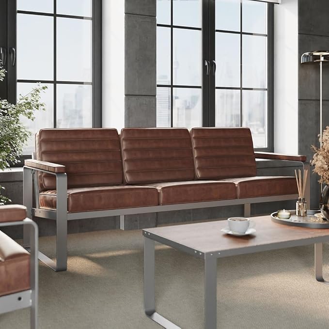 NBF 3 Seat Office Lounge Sofa - Warm Cognac Polyurethane Upholstery with Charcoal Metal Frame - Modern Waiting Room Sofa Bench - 78.75" W x 30.75" D x 29.5" H