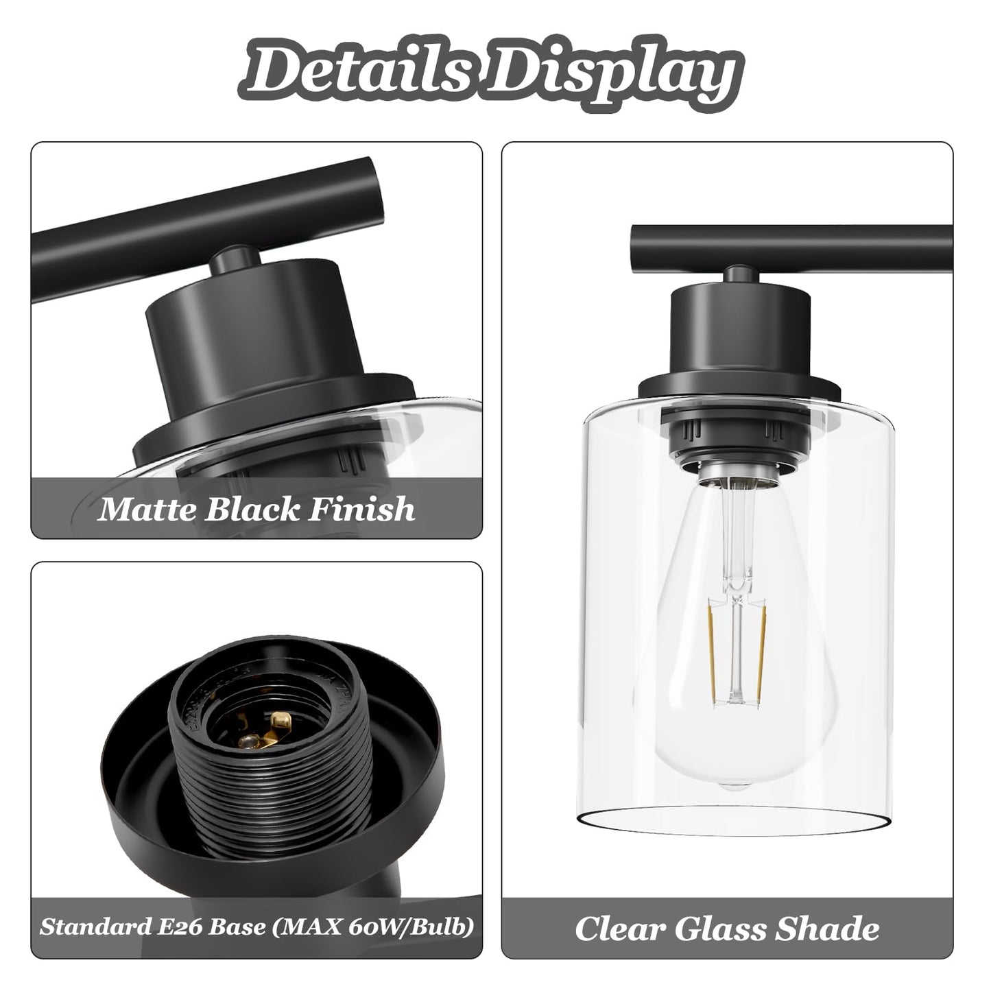 Guliaofo 4-Light Black Bathroom Light Fixtures, E26 Modern Vanity Lights for Bathroom with Clear Glass Shade, Wall Lamps for Mirror Hallway Kitchen Cabinet Living Room Sconces Lights