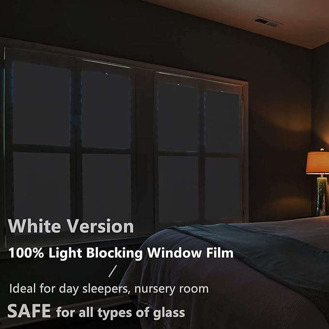 FEOMOS White Total Blackout Window Film, Static Cling Blackout Window Clings, 100% Light Blocking Film, Room Darkening Window Cover for Privacy Day Sleep Sun Blocking 17.3x118 inches