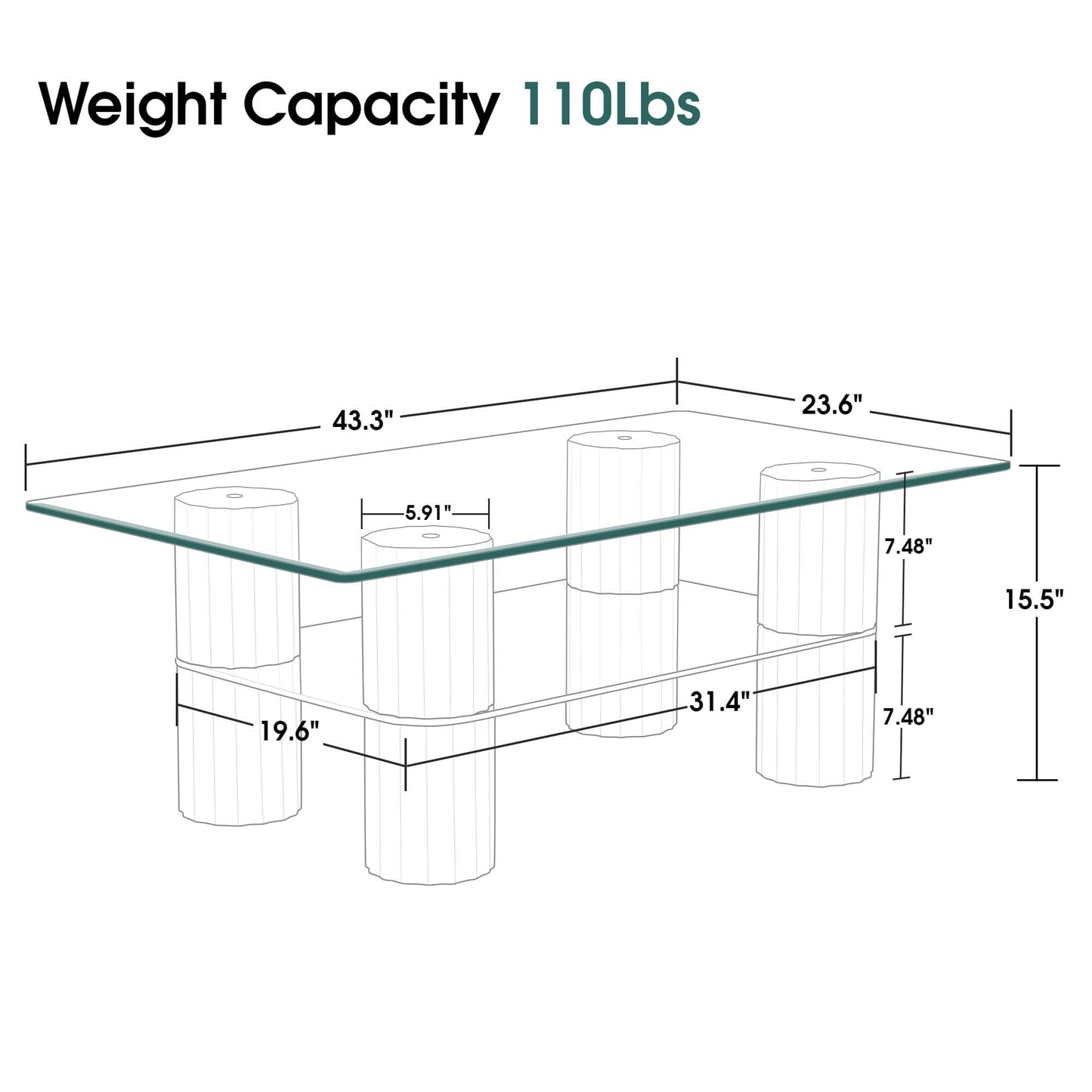 ivinta Glass Coffee Table with Storage Shelf, Modern Rectangular Center Table with Wooden Legs for Living Room, Office, Easy Assembly (44", Rustic Brown)