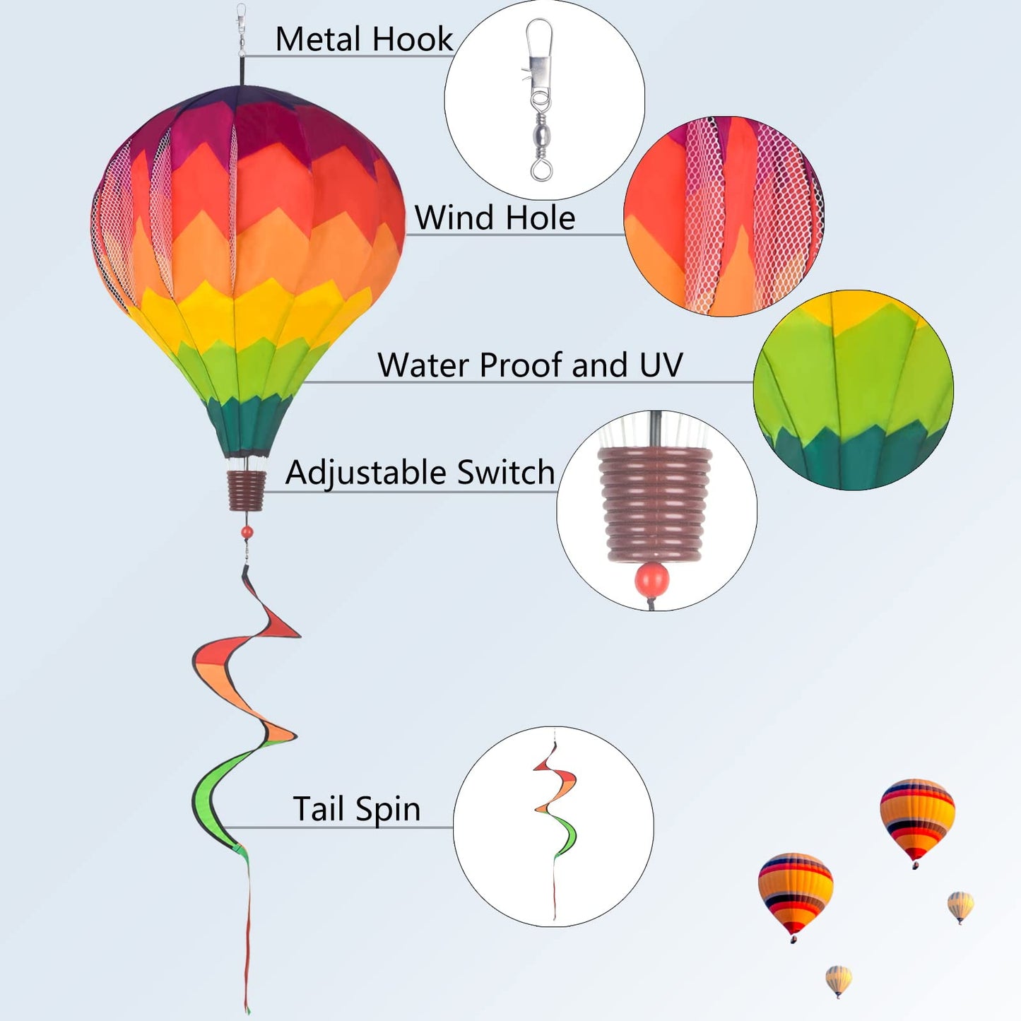 BusyLittleBee 2Pack Multicolor Hot Air Balloon Rainbow Wind Spinner Garden Decor, 59" H x 12" W, Nylon, UV & Weather Resistant, Fully Collapsible