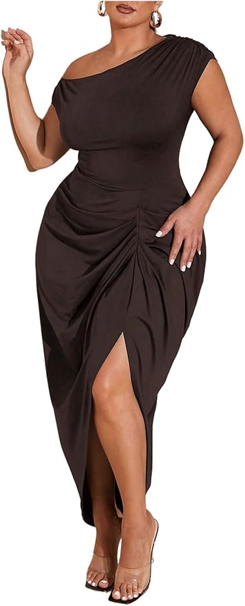 Floerns Women's Plus Size Asymmetrical Neck Long Dress Ruched Slit Hem Cocktail Dress