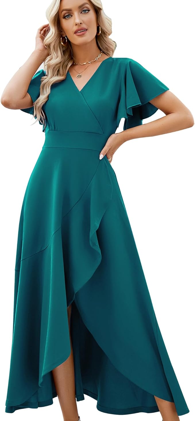 Formal Dresses for Women Gowns Evening Party Cocktail Dress,Split Elegant V Neck Wrap Ruffle Wedding Guest Dresses