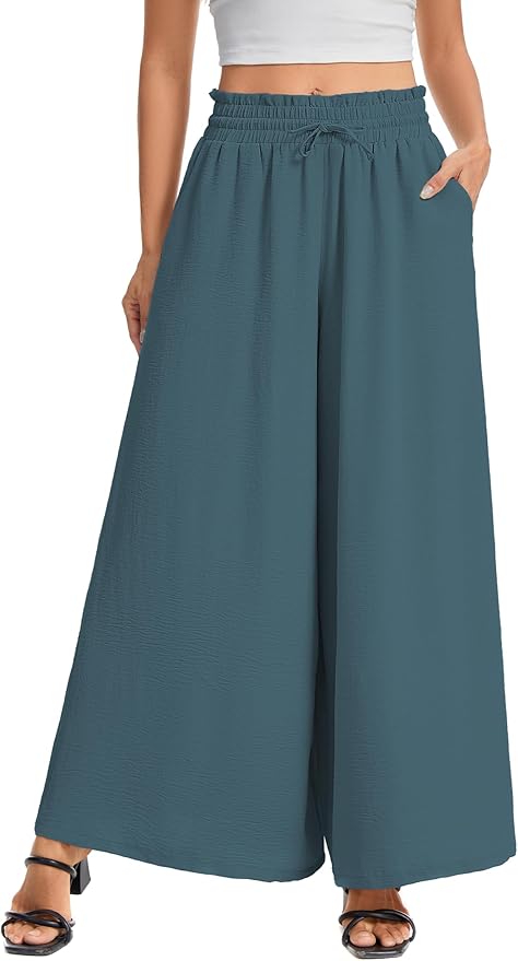 Women’s Wide Leg Pants Drawstring Elastic Waist Casual Trousers Lightweight Loose Lounge Pants with Pockets