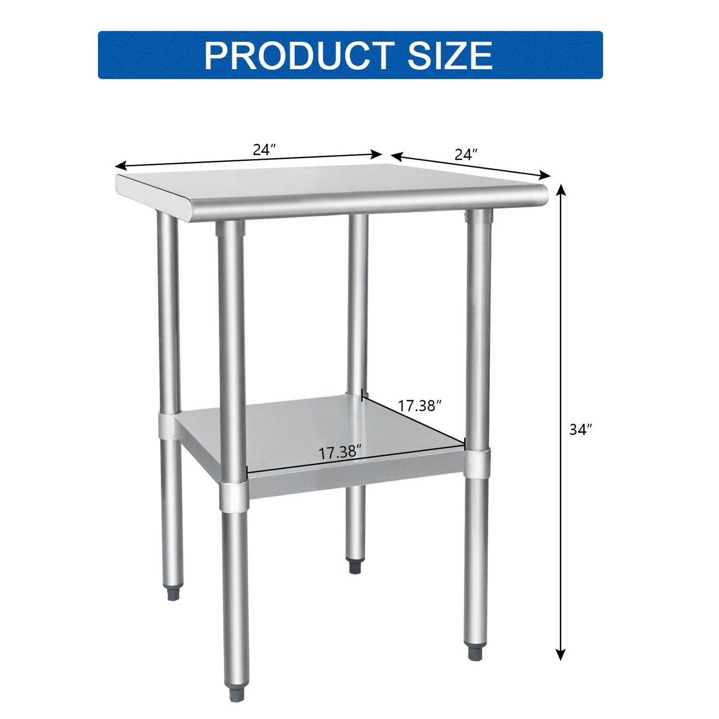 HARDURA Stainless Steel Table 24X24 Inches with Undershelf and Galvanized Legs NSF Heavy Duty Commercial Prep Work Table for Restaurant Kitchen Home and Hotel