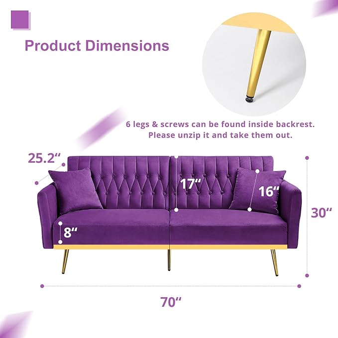 ACMEASE 70” Velvet Futon Sofa Bed with 2 Pillows and Adjustable Armrests, Convertible Sleeper Bed W/Adjustable Backrests, Modern Loveseat for Living Room, Bedroom, Purpel
