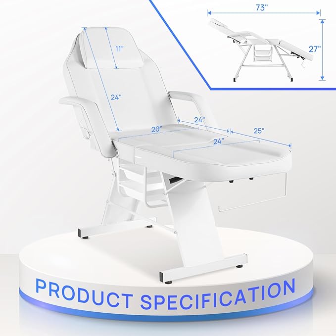 Facial Chair Tattoo Chair Massage Bed Adjustable 3-Section Multipurpose with Hydraulic Stool for Esthetician Beauty Spa Tattoo Eyelash Equipment White