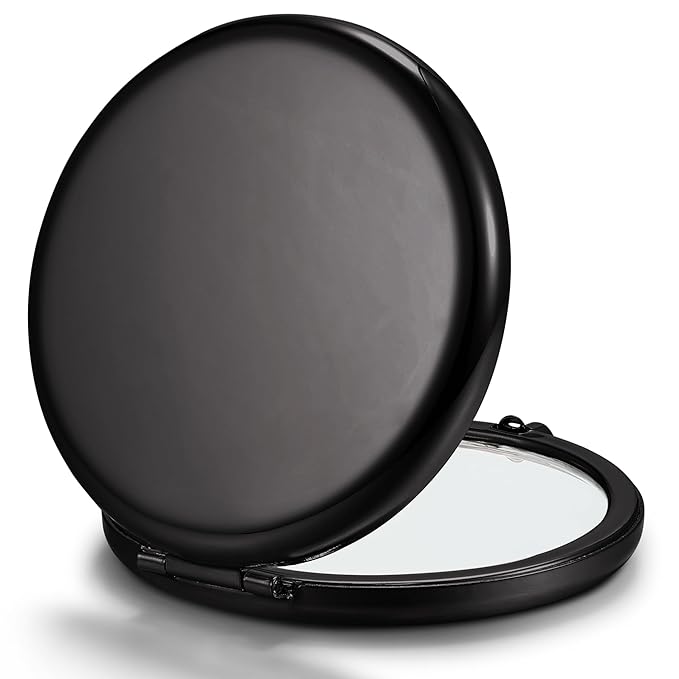 Compact Mirror Bulk, Pack of 12 Double-Sided 1X/2X Magnifying Metal Makeup Mirrors(Round, Onyx Black)