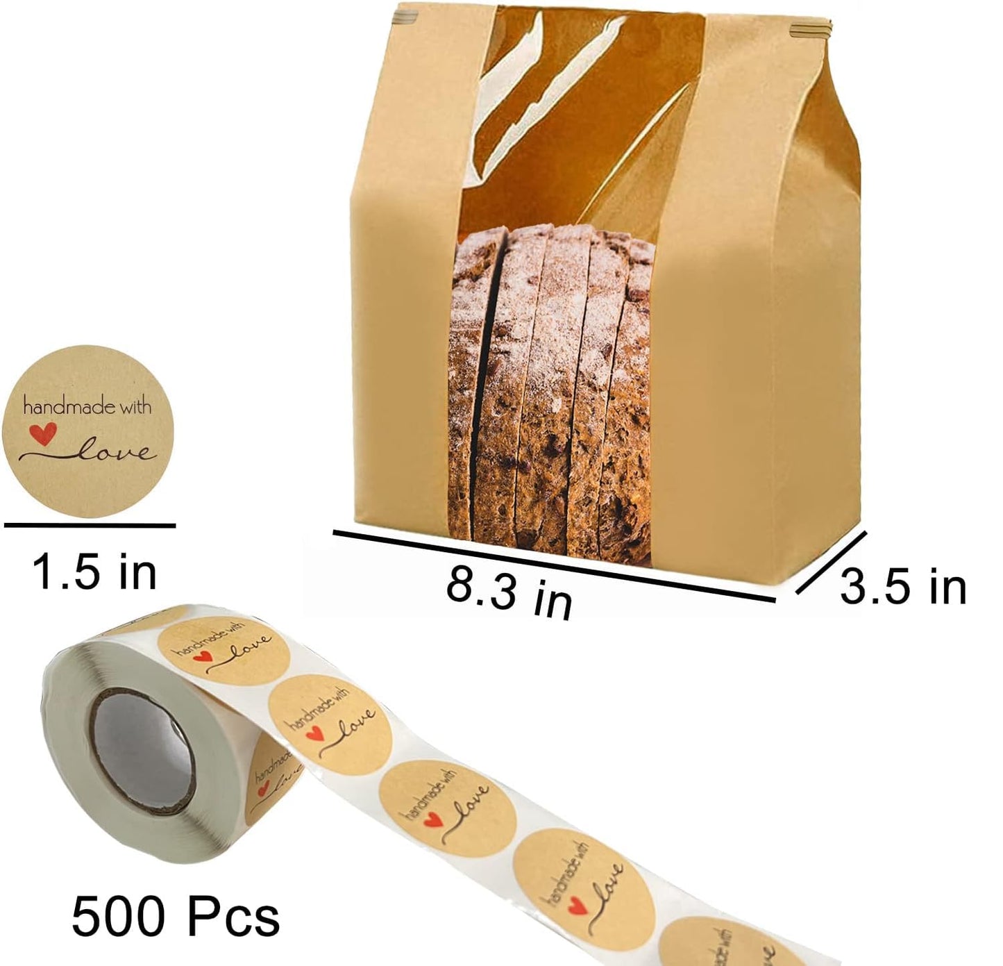NOONEAST 100 Pack Large Paper Bread Bags for Homemade Bread Sourdough Bags 14" x 8.3" x 3.5" with Tin Tie Tab Lock Clear Front Window Bakery Bag Packaging Cookie Bag with Label Seal Stickers