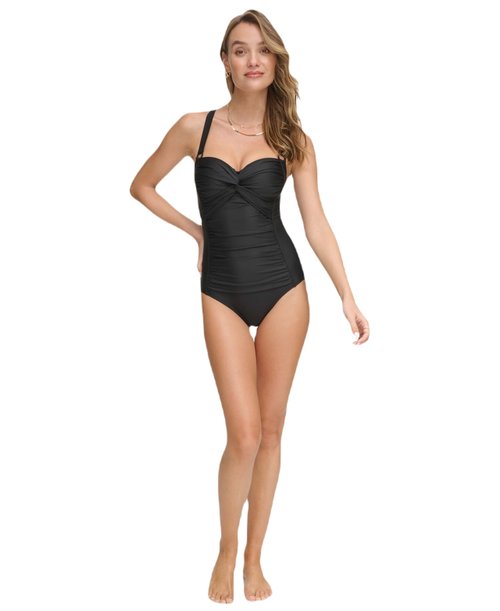 DKNY Women's Sweatheart Neckline One Piece Swimsuit with Tummy Control, Black, Small