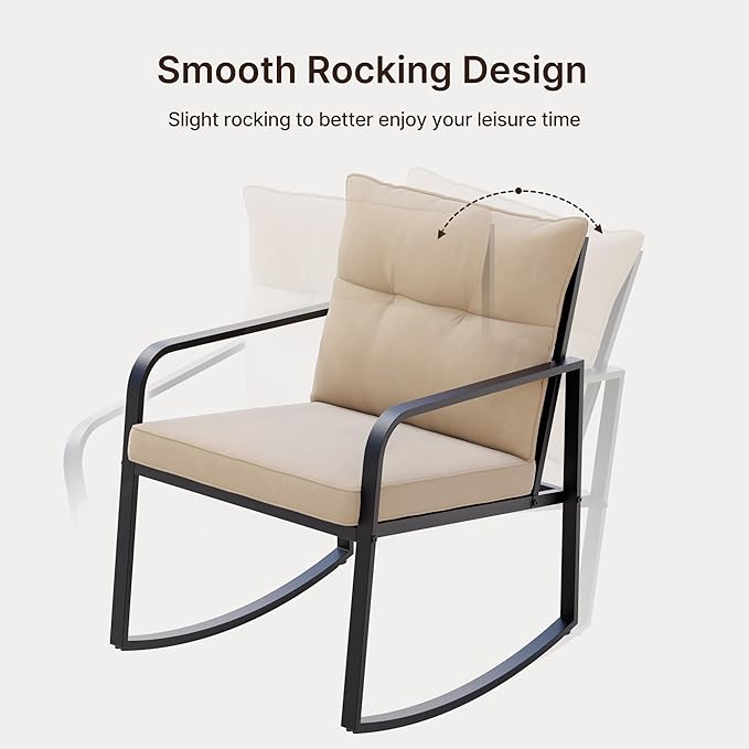 Gizoon 3 Piece Rocking Bistro Set, Black Steel Patio Furniture, Porch Chairs Conversation Set with Glass Coffee Table, Back Cushion, for Balcony, Garden, Pool, Backyard, Beige
