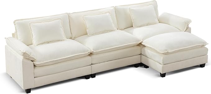URRED Cloud Couch Modular Sectional Sofa, 122'' Modern L Shaped Deep Seat Sofa with Ottoman & Pillows, Ultra Comfy Chenille Couches for Living Room, Bedroom or Apartment, White | Chenille Fabric, Skin Friendly, Breathable, Ergonomic Design, Flexible Mo...