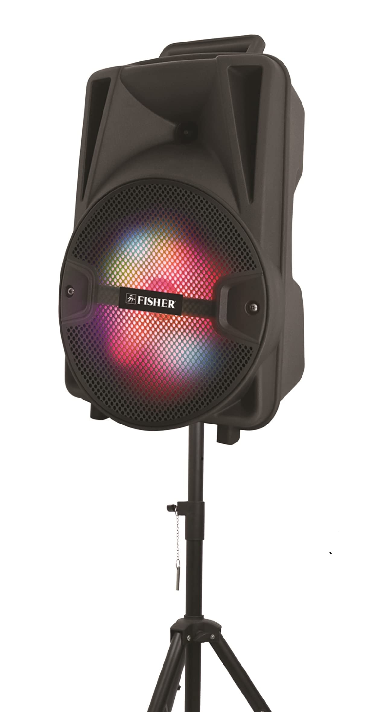 Fisher Portable Bluetooth Wireless Speaker System: 8" Subwoofer 20W Peak Power w Loud HD Bass Sound & LED Lights, Rechargeable, Karaoke, TWS Pairing, USB Port, FM Radio, Speaker Stand