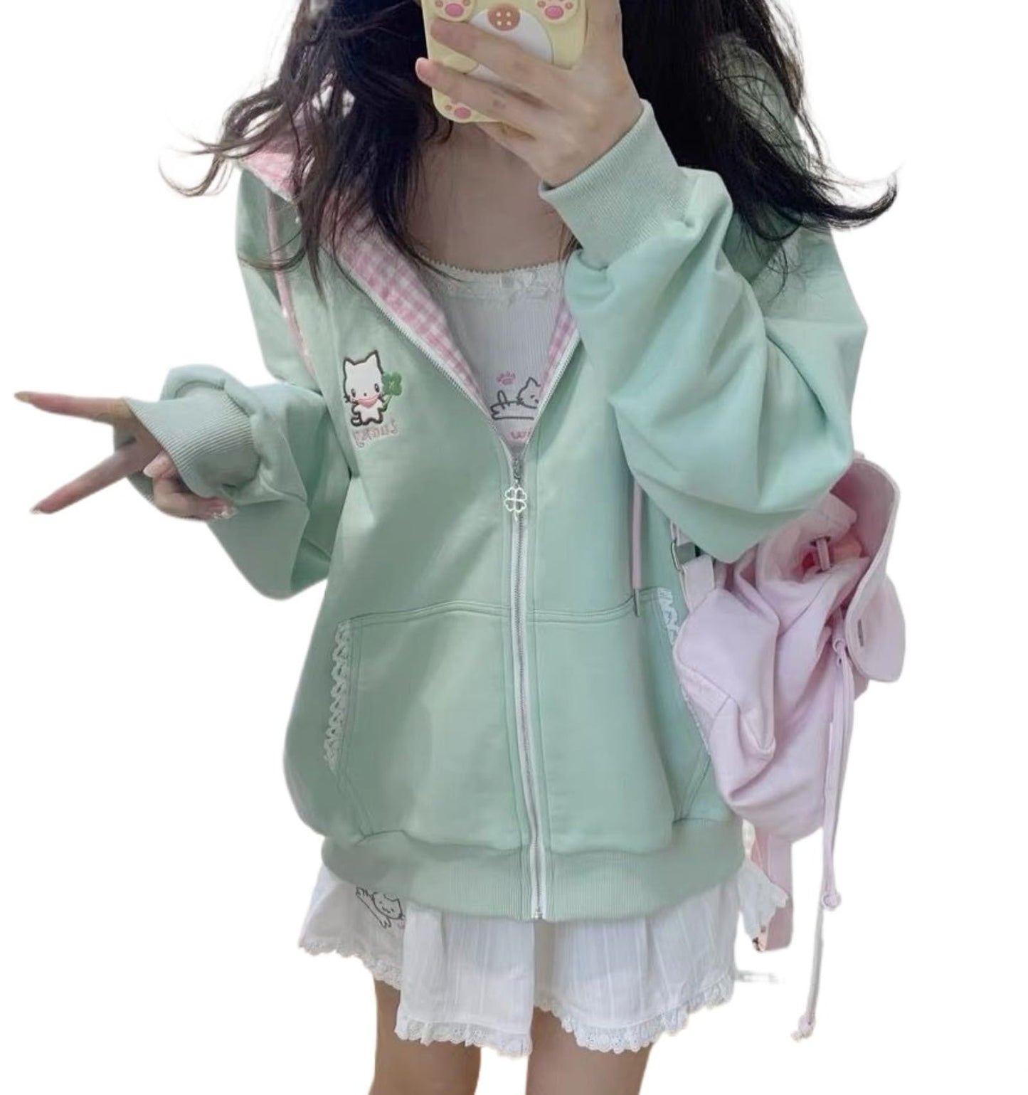 Pokn Y2K Jojifuku Cutecore Kawaii Hoodie Clothes Women Long Sleeves Tops Graphic Cutecore Shoujo Clothes (Medium,Green1)