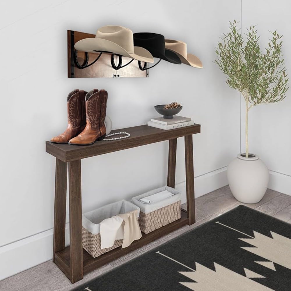 R828 Ranch Cowboy Hat Rack For Wall Mount (34.6” x 10.1” x 13.5”) | Wood Cowboy Hat Holder | Hanging Western Hat Rack w/Metal Accents | Customizable Hat Organizer w/Handmade Horseshoe Mounts