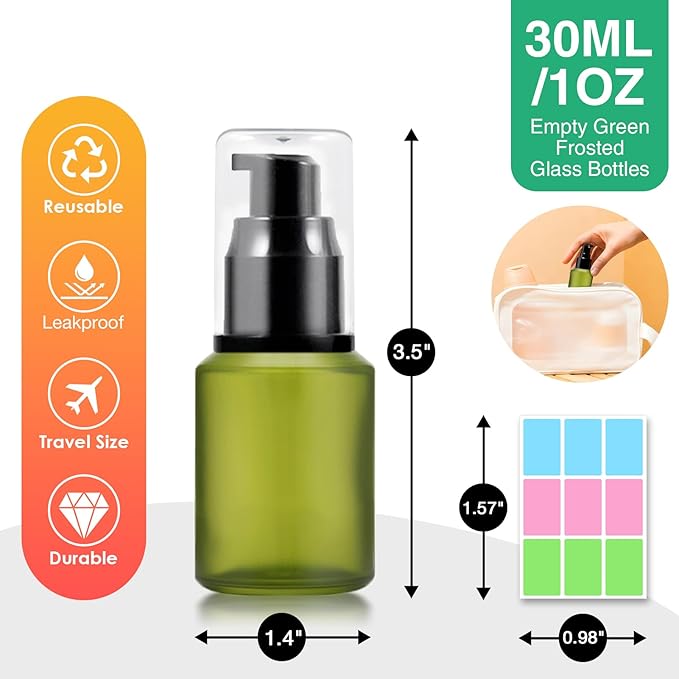 3PCS 30ML/1OZ Empty Green Frosted Glass Bottles with Pump Refillable Vial Cosmetic Dispenser Jars Storage Travel Lotion Container Portable Sample Bottle for Toiletries,Foundation,Cream,Gel,Lotion