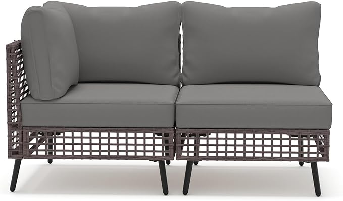 LAUSAINT HOME 2 Pieces Outdoor Sectional Sofa Set, All-Weather PE Wicker Rattan Patio Conversation Set with Thick Cushions & Coffee Table, Patio Furniture Set for Garden, Backyard, Porch (Grey)